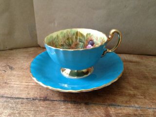 Aynsley English Bone China Fruit Orchard Cup & Saucer Signed D.  Jones Turquoise