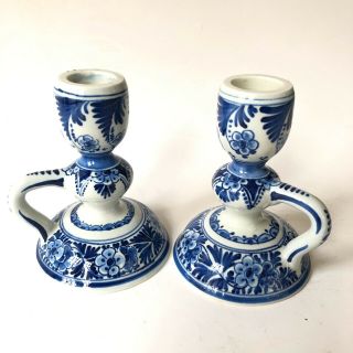 Vtg Royal Delft Candle Holders Pair Hand Painted Blue White Pottery