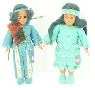 Vintage Native American Indian Dolls Plastic 7.  5 " Sleeping Eyes Boy Girl Couple