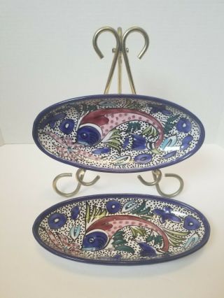 2 Le Souk Ceramique Hand Painted Aqua Fish 9 " Oval Dish Stoneware Made / Tunisia