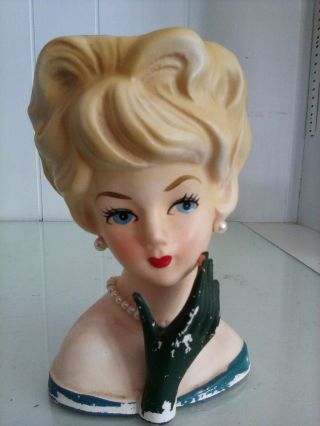 Vtg Lefton Blonde Lady Head Vase Planter Pearl Necklace Earrings Made In Japan