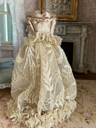 Vintage Miniature Dollhouse Artisan Champagne Silk & Lace Dress On Mannequin