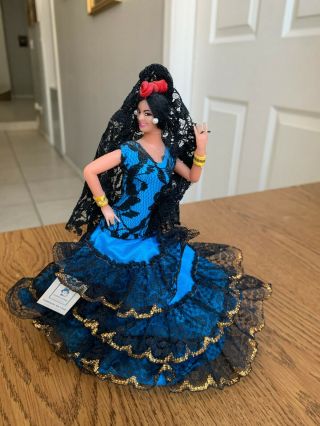 Vtg Marin Chiclana Doll Royal Blue/black Dress Gold Trim Flamenco Dancer 7.  5 " T