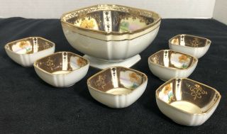 Antique Square Nippon Hand Painted Small Nut Bowl Gold Moriage Landscape 7pc set 2