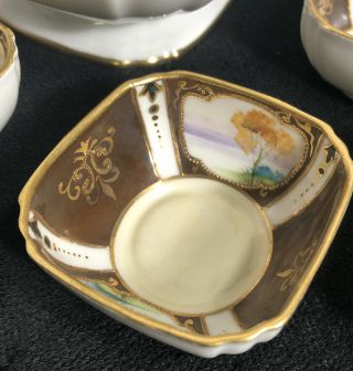 Antique Square Nippon Hand Painted Small Nut Bowl Gold Moriage Landscape 7pc set 3