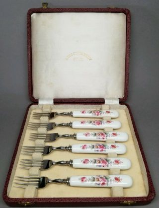Set Of 6 Royal Crown Derby Tea Forks Derby Posies China 7 " Tined 2 Ridge W/ Box