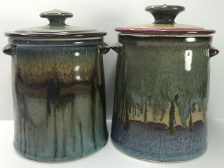 Studio Pottery Townsend Glazed Stoneware Lid Canister Set Handle Earth Tones 7x4