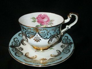 Footed Cup Saucer Paragon Floating Pink Roses Gold Lace On Carolina Blue Verges