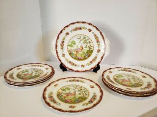Royal Albert Chelsea Bird Maroon Cake Plate With 7 Bread And Butter Plates