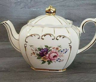 Vintage Sadler England Cube Teapot 2097 Flowers Gold Trim
