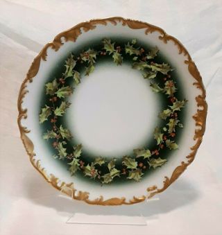 Antique T&v Limoges Salad Plate Green Christmas Holly Red Berries Ornate Gold