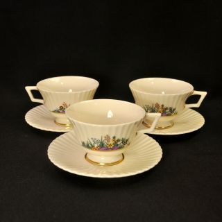 Lenox Pedestal Set Of 3 Cups & Saucers Rutledge Enameled Floral W/gold 1939 - 2020