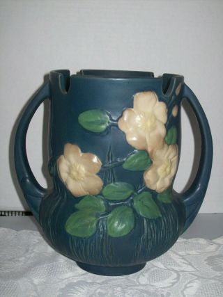 Vintage Roseville Large Blue Vase 985 - 8 " Wild Rose Design