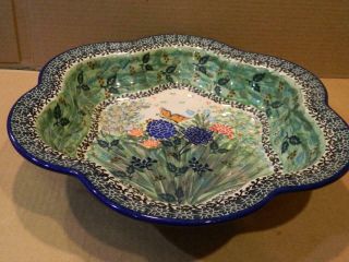 Kalish Unikat Polish Pottery Ceramic Large Serving Bowl Bright Floral Design