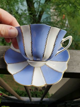 SHELLEY TEACUP AND SAUCER STRIPED SHELLEY TEACUP TEAL AND WHITE AND GOLD 3