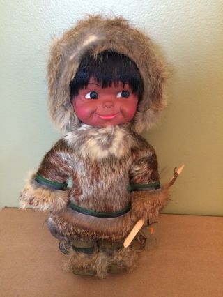 Vintage Inuit Eskimo Doll By Regal Real Fur Coat And Hat W/ Leather Boots 13 "