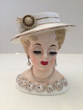 Vintage Lady Head Vase,  Rubens 500 X,  6”,  W/ Pearl Earrings & Necklace