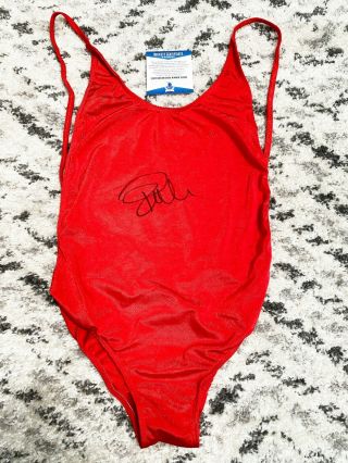 Pamela Anderson Signed Red Swimsuit Baywatch Bas Beckett Witnessed