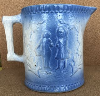 Antique Salt Glaze Stoneware Pitcher Pocahontas & Capt Smith Blue & White 6 - 1/2”