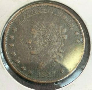 1857 Us Hard Times Token.  Millions For Defense Not For One Cent