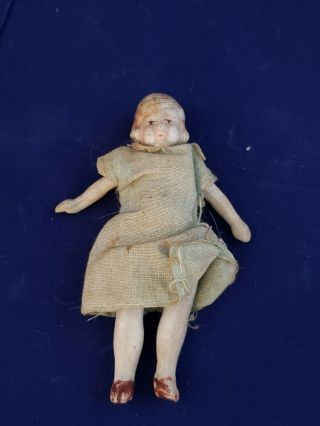 Antique All Bisque Dollhouse Doll 3 1/2 " Jointed Arms & Legs All