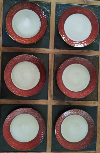 Set Of 6 Pier 1 Imports Stoneware Red Scroll Embossed Salad Plates 8 - 1/2 "