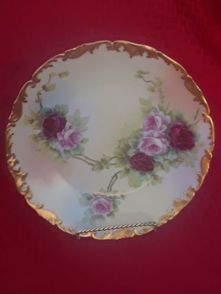 Antique T&v Limoges Red & Pink Roses W/ Gold Cabinet Plate Hand Painted Signed