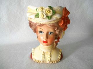 Vintage Inarco 7 " Lady Head Vase W/ Hat Flowers Bow & Pearl Earrings E5106