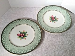 Set Of 2 Fitz And Floyd Winter Holiday Green Wreath Dinner Plates Charger 12”