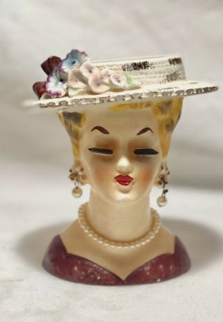 Sonsco Japan Vintage Lady Head Vase Headvase Redish Top With Floral Hat & Pearls