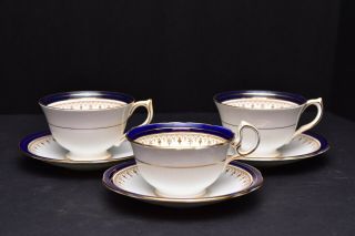 Set 3 Teacups & Saucers Aynsley John Leighton Cobalt Blue & Gold 6pc Set