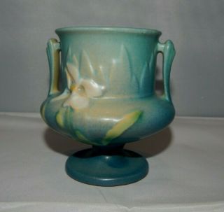 Vtg Roseville Pottery Miniature Cabinet Blue Urn Vase White Iris Arts & Crafts