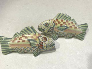 Vtg Mackenzie Childs Set Of 2 Fish Knobs Drawer Pulls Green Right & Left Facing