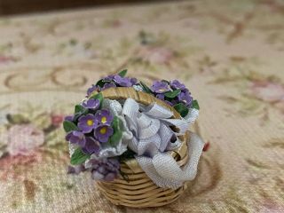 Vintage Miniature Dollhouse Artisan Basket Hand Made Violets Lace Silk Ribbons