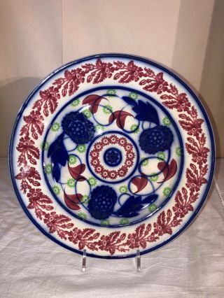 Gaudy Welsh Flow Blue 10” Plate - 1880s - Floral Design - Copper Band - Staffordshire 1