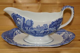 Spode Blue Italian England Gravy Boat Or Sauce Bowl With Underplate,  9 "