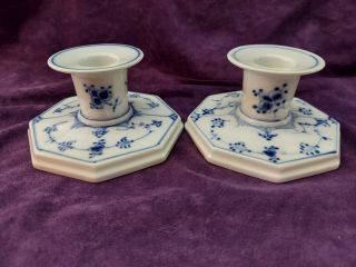 Pair - Royal Copenhagen Blue Fluted Candle Holders,  Hand Painted Candlestick Vtg
