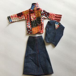 1970’s Barbie Denim Set Long Sleeve Shirt Long Skirt And Vest Floral Patchwork