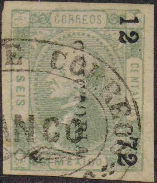 B735.  Mexico.  1872 - 4.  6c Imperf.  C Victoria.  12 - 72.  Tula De T.  Tay Tt - 1/2.