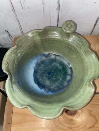 Vintage Studio Art Pottery Green Lily Pad Bowl Planter Ashtray Blue Crystalline