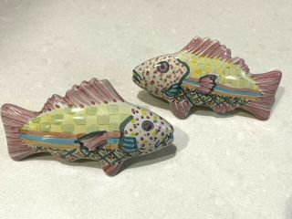 Vtg Mackenzie Childs Set Of 2 Fish Knobs Drawer Pulls Pink Right & Left Facing