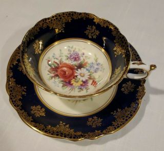 Paragon Cobalt Blue Teacup And Saucer Pink Rose Bouquet Heavy Gold