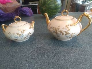 Old Antique Jean Pouyat Limoges Teapot And Sugar Bowl With Embossed Gold Flowers