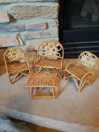 Vintage Barbie Doll Size Wicker 4 Pc Furniture Set Table,  Chairs,