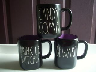 Rae Dunn Black Drink Up Witches Beware & Candy Coma Halloween Mug Set Of 3