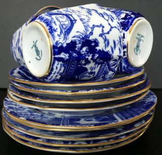 Set Of 4 Vintage Royal Crown Derby Blue Mikado Trios Cups & Saucers Side Plate