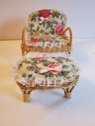 Vintage Barbie Doll Furniture Wicker Living Room Lg Chair Ottoman Floral