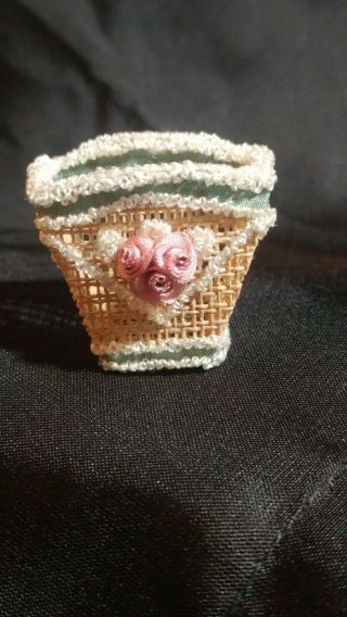 Vintage Miniature Dollhouse Artisan Wicker Waste Basket Pink Rose Green Ribbon