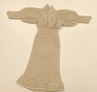 Vintage Barbie Clone Dress Crochet Knit Long Sleeve Peasant Beige