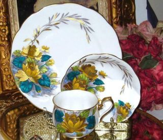 Royal Albert Yellow Teal & Gold Water Lily Tea Cup & Saucer Plate Trio H Painted